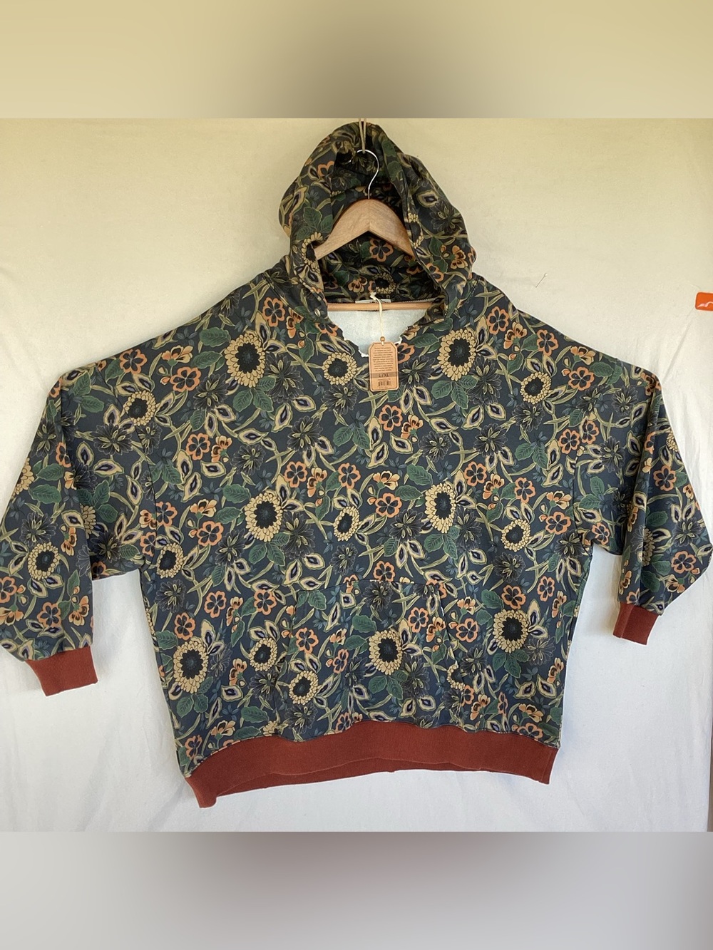 NATURAL LIFE Green Floral Hoodie with Rust Trim